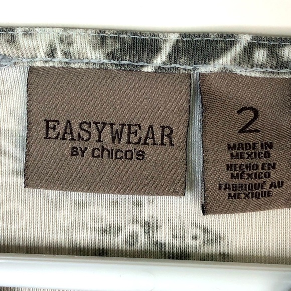 Chicos gray white patterned tunic 3/4 sleeve easywear v-neck notch L (Chico’s 2) - Picture 2 of 8